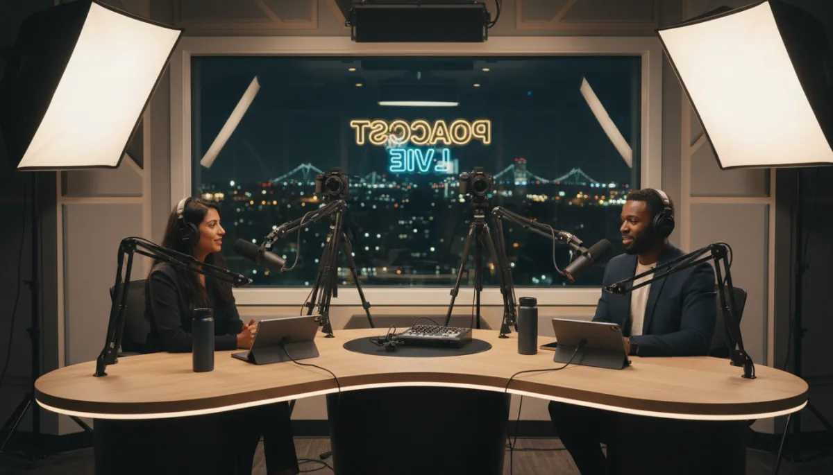 photorealistic modern podcast studio with multi-camera setup, neutral color palette, two diverse entrepreneurs wearing headphones speaking into broadcast microphones, soft studio lighting, Hampton Roads skyline hinted through window