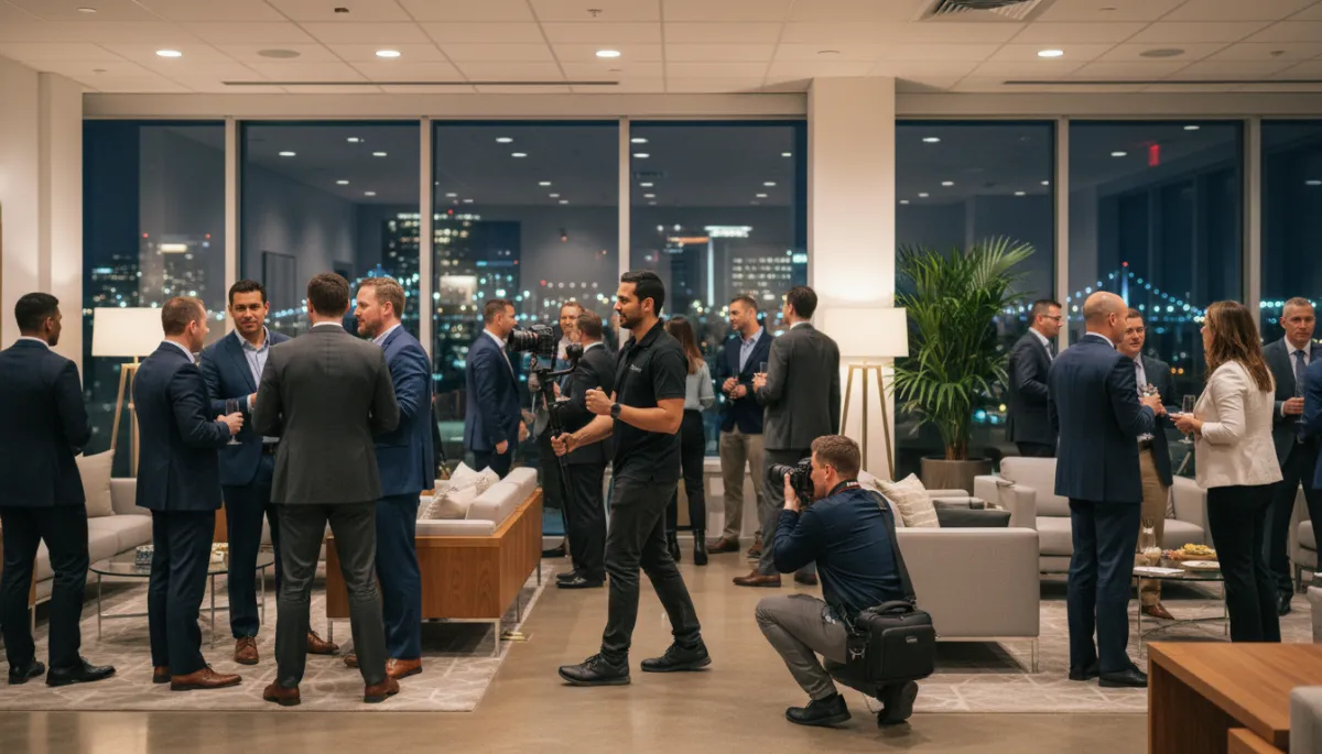 photorealistic wide shot of a modern corporate networking event in Hampton Roads, diverse professionals mingling, a videographer and photographer from Dreamin Innovations capturing footage with gimbal and DSLR cameras, warm neutral lighting, subtle Hampton city skyline visible through windows