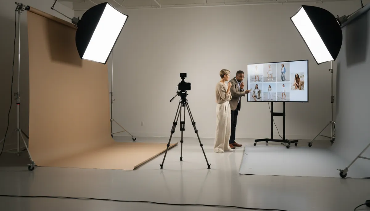 photorealistic neutral-toned modern photography studio in Hampton Roads with large softboxes, seamless paper backdrops, a camera on a tripod, and a creative director reviewing images with a professional client on a monitor