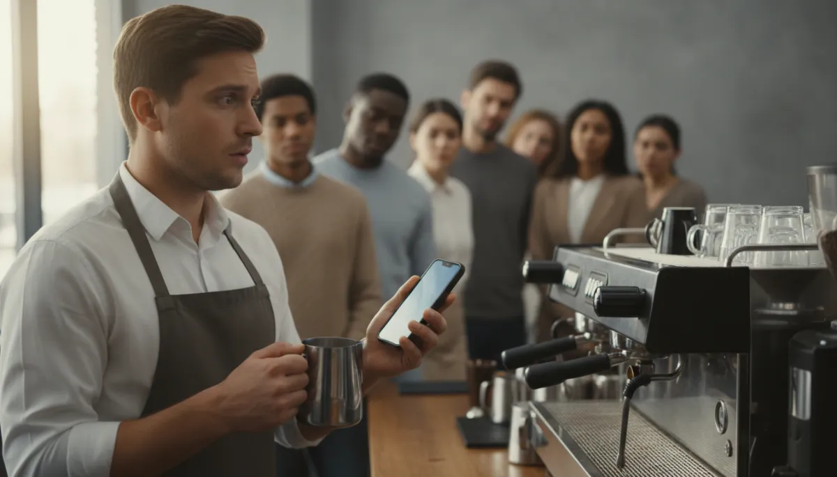 Barista looking at a ringing phone while customers wait at the counter