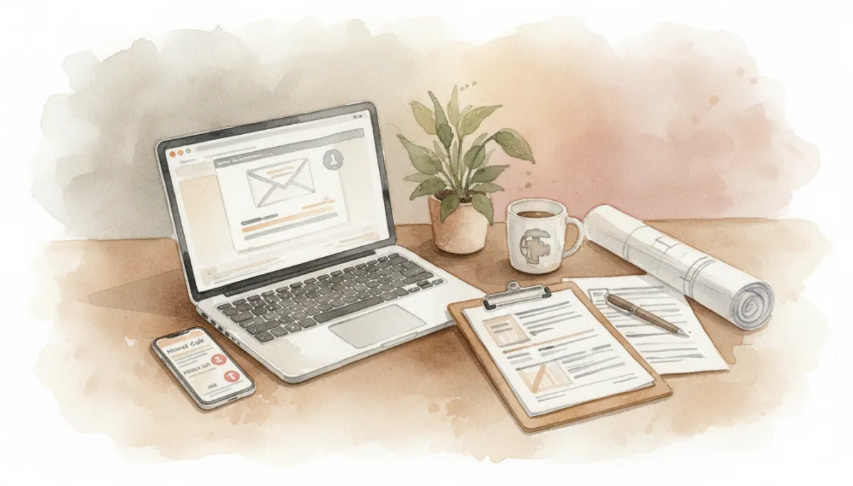 Desk with laptop and phone displaying automated follow-up messages for a plumbing company