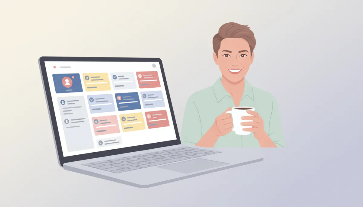 Local business owner reviewing automated social media schedule on a laptop