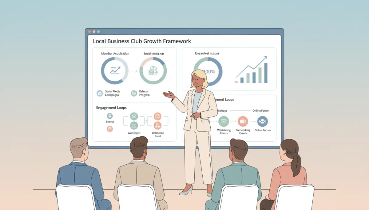 Marketing strategist presenting a structured local business club framework to local business owners