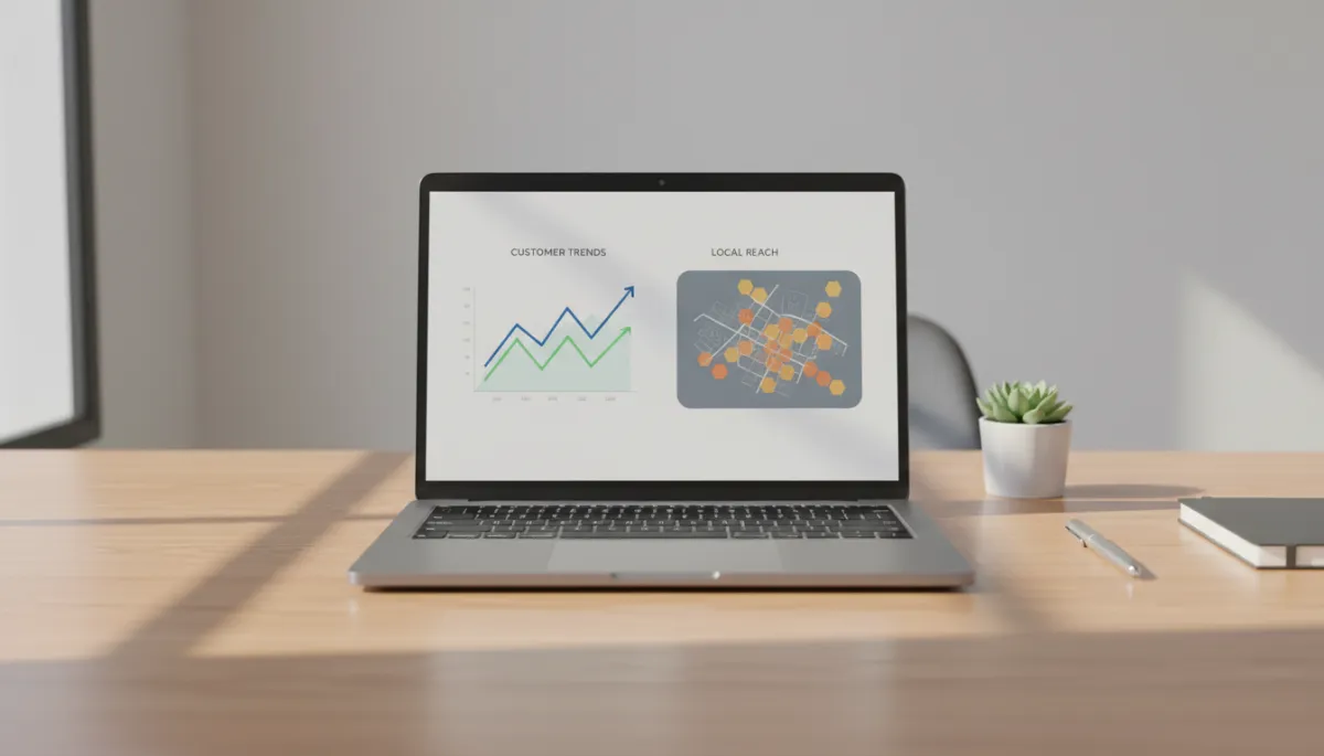 Laptop in a local office showing AI customer analytics dashboards