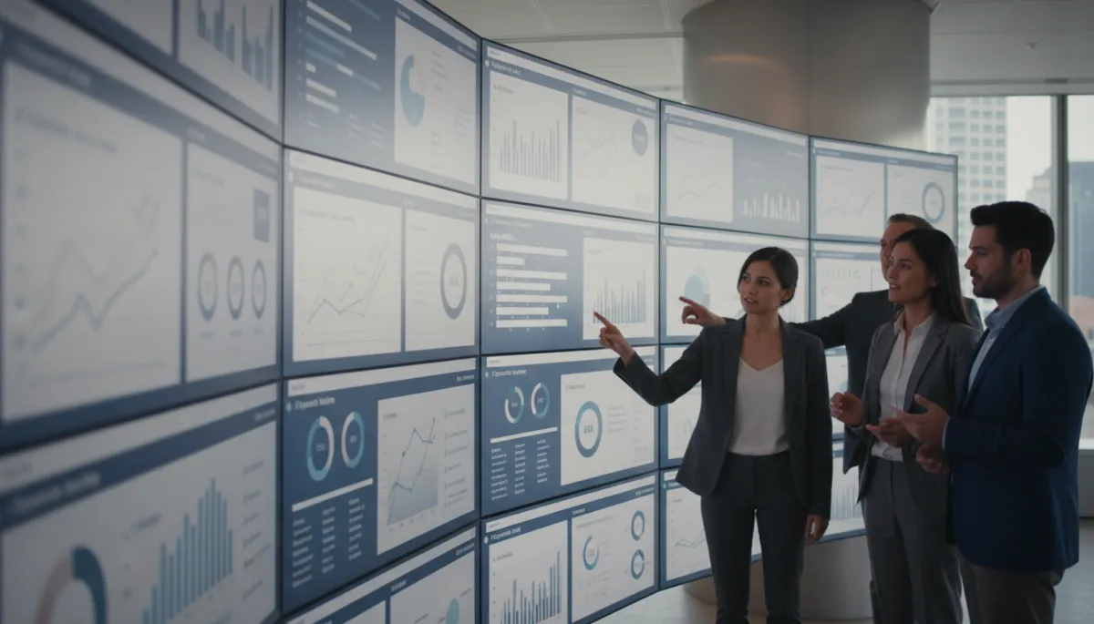 professional neutral-toned photo of a marketing team reviewing analytics dashboards on large screens in a modern office, clean UI visuals, calm focused expressions