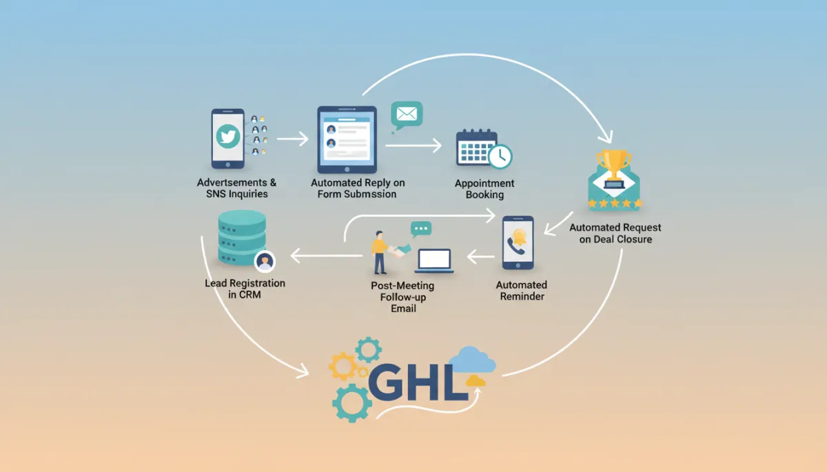 GHLをひと言でいうと？



「営業・集客・顧客対応の仕組みをまとめて作れるツール」です。

たとえば、次のような流れをGHL一つで組めます。





広告やSNSから問い合わせを集める



フォーム送信と同時に自動返信する



見込み客を顧客管理画面に登録する



日程予約を受け付ける



前日に自動リマインドを送る



商談後にフォローアップメールを送る



成約後にレビュー依頼を自動送信する

つまり、集客から成約、その後のフォローまでを自動化しやすいのが大きな特徴です。

この内容をもとに画像を作りたい. Context: This is for a blog post about "Go High Level（GHL/ゴーハイレベル）とは？初心者にもわかりやすく解説". Style: Professional quality, photorealistic, high resolution