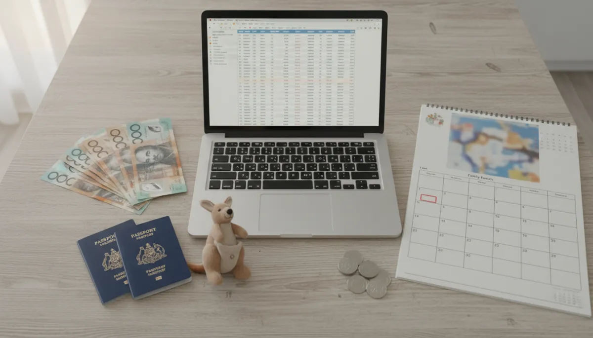 photorealistic overhead view of a kitchen table covered with a laptop showing a budget spreadsheet, Australian dollars, UK passports, a small toy kangaroo, and a family calendar, all in soft neutral tones photorealistic overhead view of a kitchen table covered with a laptop showing a budget spreadsheet, Australian dollars, UK passports, a small toy kangaroo, and a family calendar, all in soft neutral tones