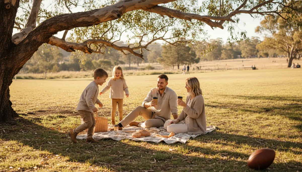 photorealistic scene of a family with two children having a relaxed picnic under a tree in a neutral-toned Australian park, kids playing with a football, parents chatting with takeaway coffee cups, soft late-afternoon light photorealistic scene of a family with two children having a relaxed picnic under a tree in a neutral-toned Australian park, kids playing with a football, parents chatting with takeaway coffee cups, soft late-afternoon light