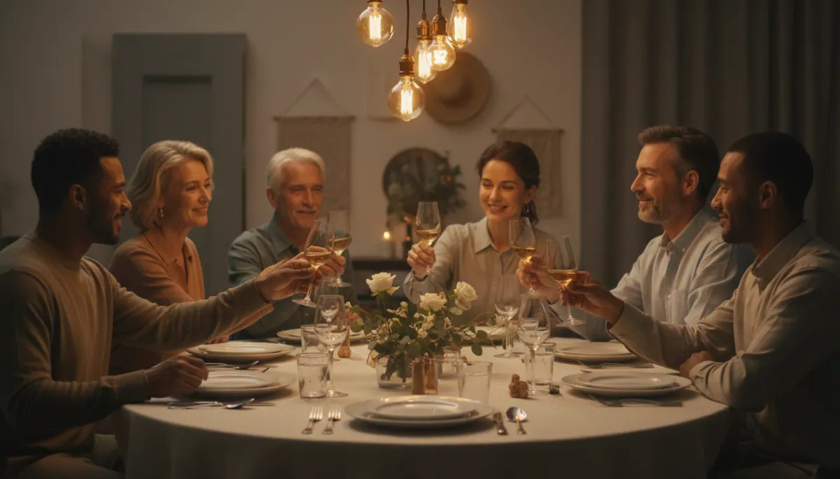 A photorealistic, high-quality image of a small, diverse group of adults gathered around an elegantly set table in a softly lit, intimate setting. The scene features different faces, including both men and women of varying ages and backgrounds, each displaying subtle, contented expressions. Warm ambient lighting bathes the space, highlighting gentle smiles and quiet eye contact as they raise glasses in a delicate toast. The atmosphere is calm and understated, with muted earth tones and soft textures, conveying the essence of a heartfelt, quiet celebration. The focus is on the connection between guests and the serene mood, avoiding any sense of spectacle or extravagance. A photorealistic, high-quality image of a small, diverse group of adults gathered around an elegantly set table in a softly lit, intimate setting. The scene features different faces, including both men and women of varying ages and backgrounds, each displaying subtle, contented expressions. Warm ambient lighting bathes the space, highlighting gentle smiles and quiet eye contact as they raise glasses in a delicate toast. The atmosphere is calm and understated, with muted earth tones and soft textures, conveying the essence of a heartfelt, quiet celebration. The focus is on the connection between guests and the serene mood, avoiding any sense of spectacle or extravagance.