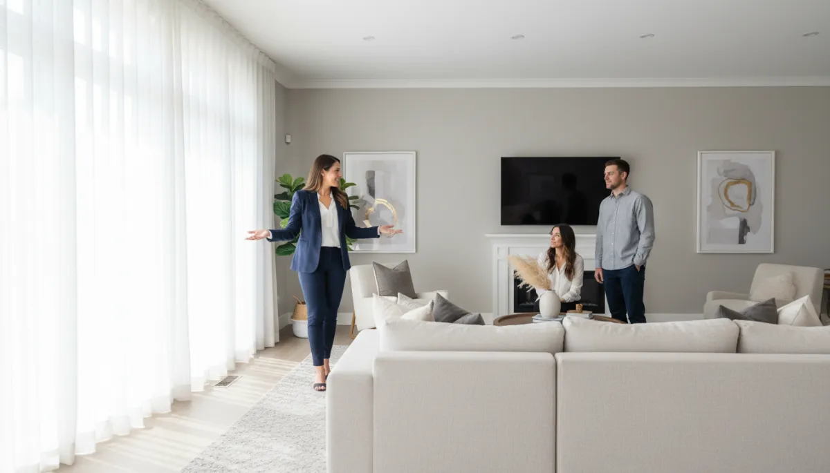 Real estate agent showing a staged Inver Grove Heights home to buyers Real estate agent showing a staged Inver Grove Heights home to buyers