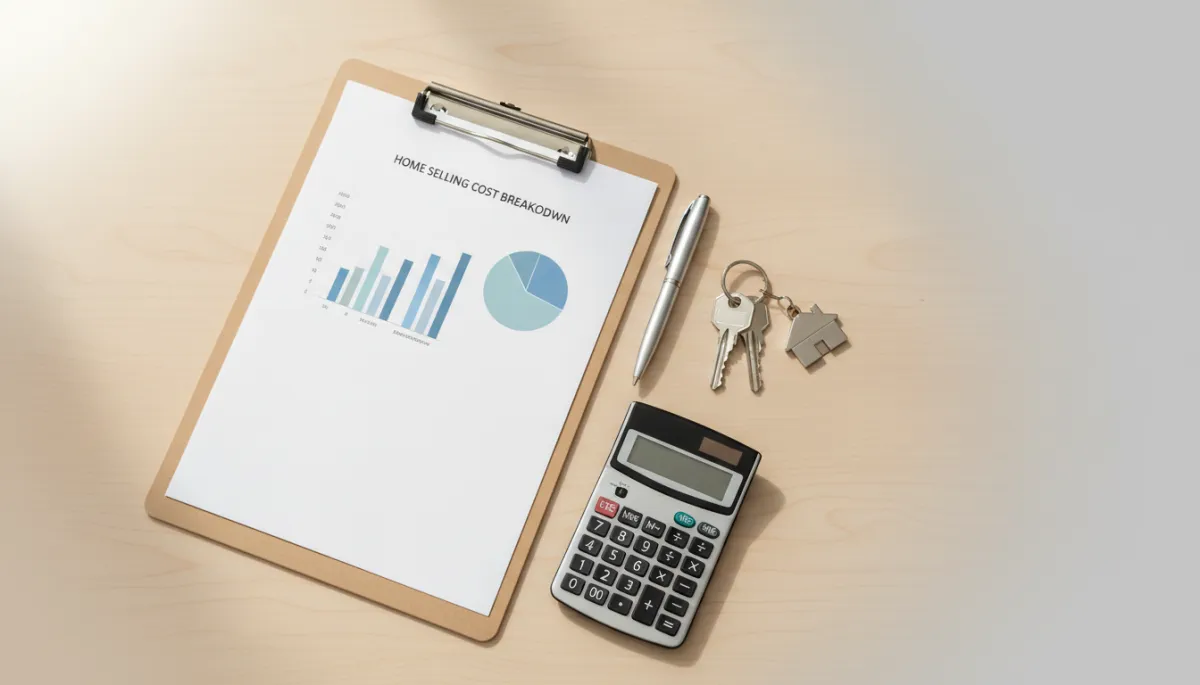 A realistic, detailed photo of a wooden table with a neat clipboard displaying a printed home selling cost breakdown, a pen, a modern calculator, and perhaps a set of house keys. The lighting should be bright and natural, evoking a professional and organized environment. A realistic, detailed photo of a wooden table with a neat clipboard displaying a printed home selling cost breakdown, a pen, a modern calculator, and perhaps a set of house keys. The lighting should be bright and natural, evoking a professional and organized environment.