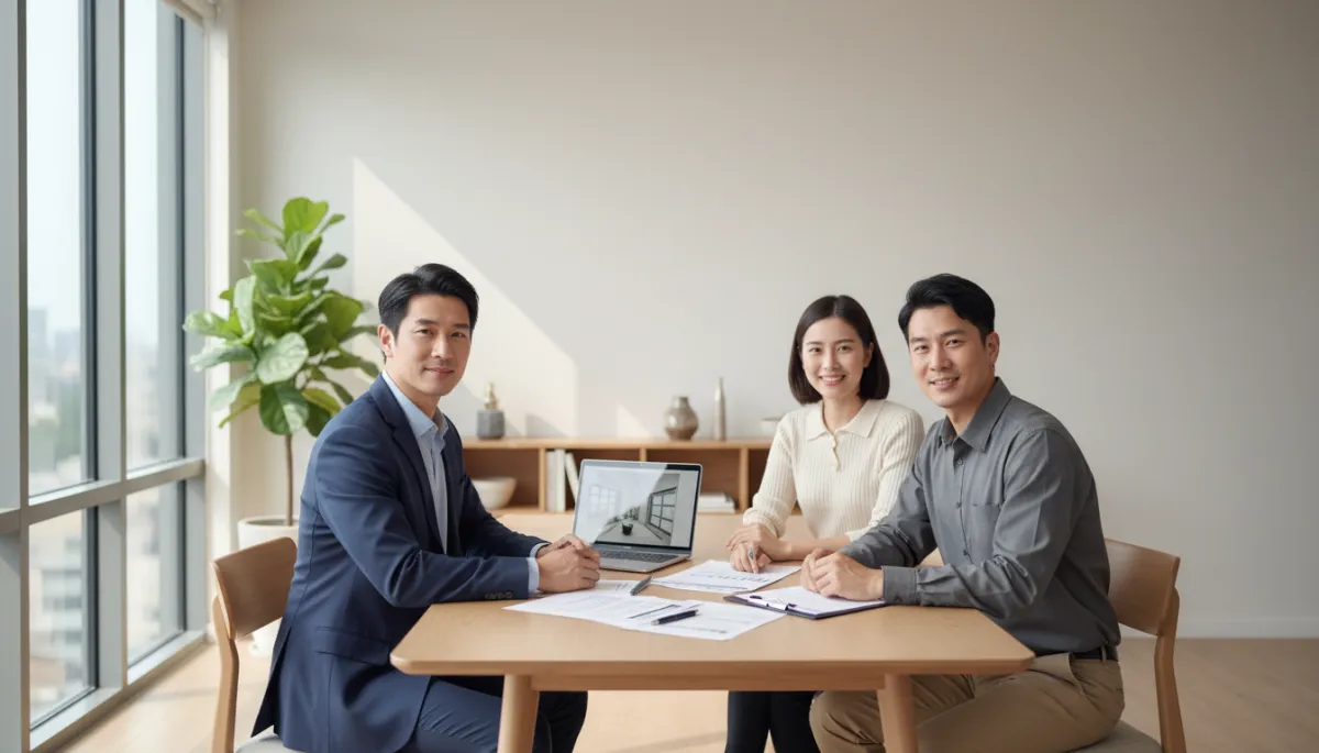 A realistic, high-resolution photograph of a professional real estate agent meeting with a couple at a modern dining table, natural daylight streaming through a window, paperwork and a laptop visible. The setting should feel authentic, with subtle neutral tones and everyone dressed in business casual, reflecting a trustworthy and professional atmosphere. A realistic, high-resolution photograph of a professional real estate agent meeting with a couple at a modern dining table, natural daylight streaming through a window, paperwork and a laptop visible. The setting should feel authentic, with subtle neutral tones and everyone dressed in business casual, reflecting a trustworthy and professional atmosphere.