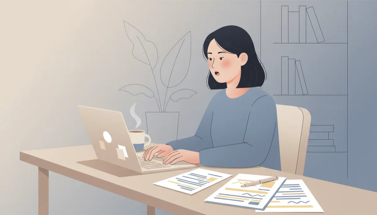 Professional practicing English meeting phrases with notes and a laptop Professional practicing English meeting phrases with notes and a laptop