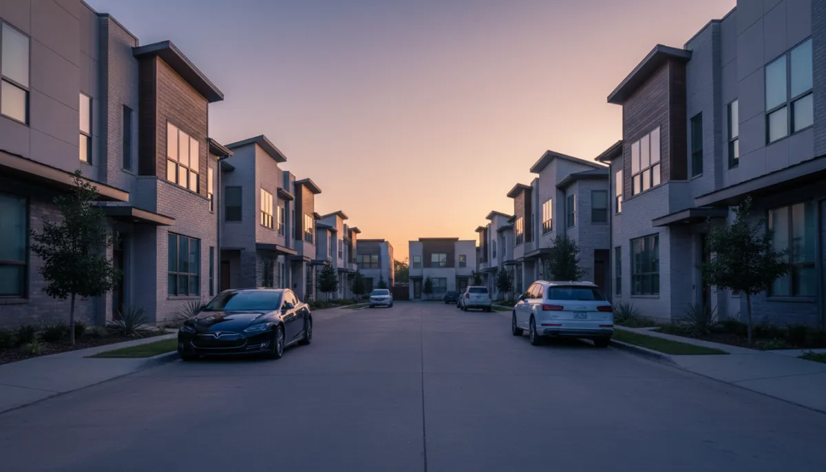 Residential street in Dallas with modern townhomes and parked cars in a professional neutral style Residential street in Dallas with modern townhomes and parked cars in a professional neutral style