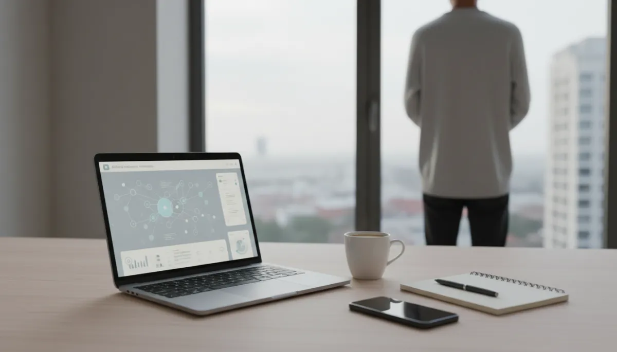 photorealistic neutral color palette modern small office with laptop on wooden desk showing AI automation dashboard, coffee mug, Notizbuch und Smartphone daneben, im Hintergrund unscharfe Person die entspannt am Fenster steht
