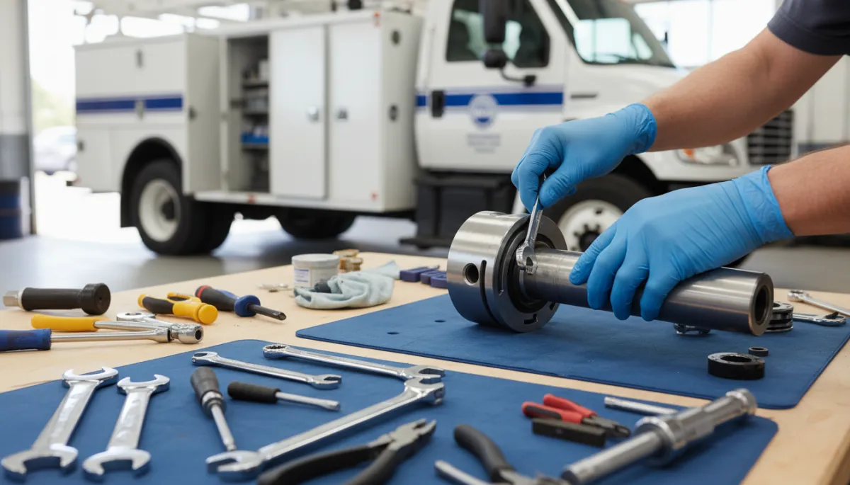 Technician repairing a hydraulic cylinder with a municipal service truck in the background