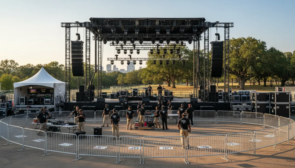 Professional production team preparing a large outdoor Juneteenth celebration stage
