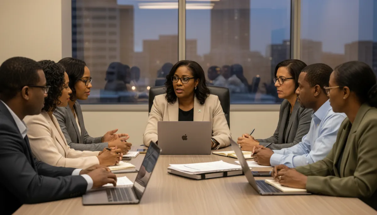 Community and business leaders collaborating around a conference table
