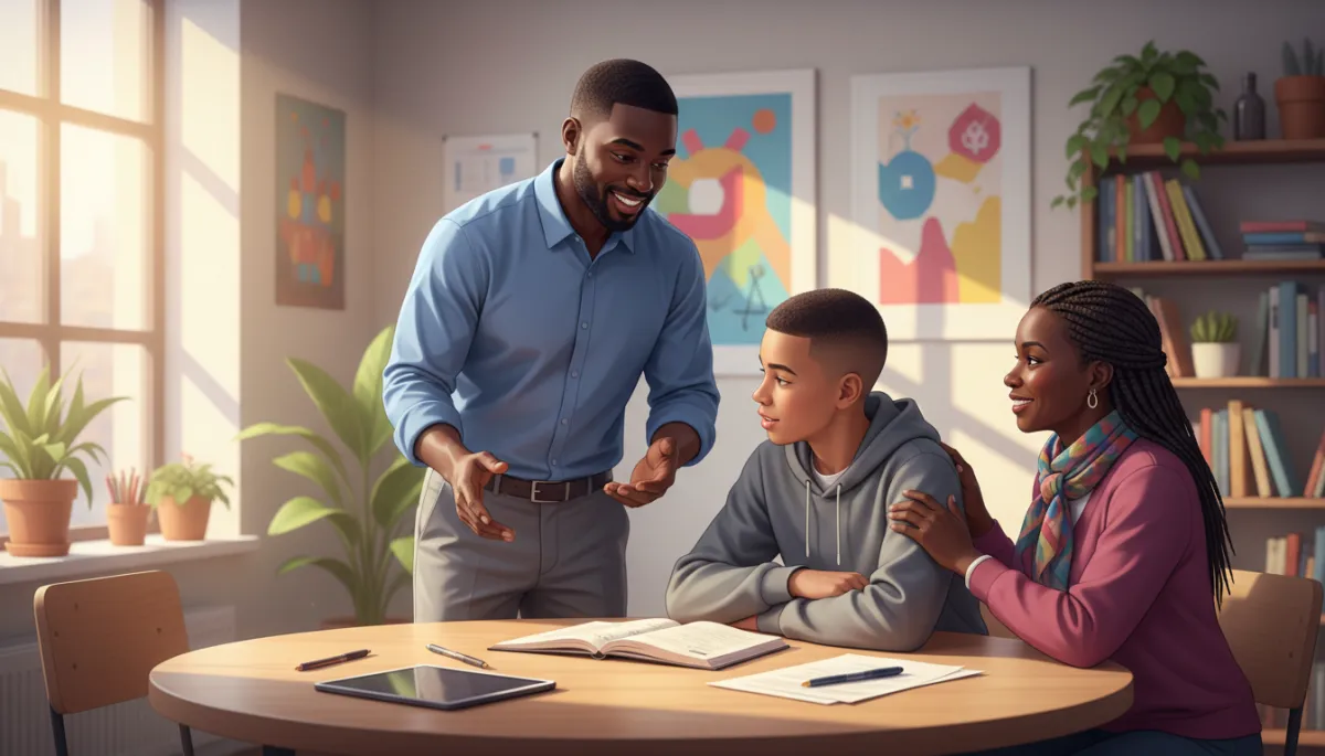 A photorealistic image of a Black male mentor partnering with a teenage boy and his caregiver, reviewing personal goals together in a supportive community center environment. The mentor is clearly leading the interaction.