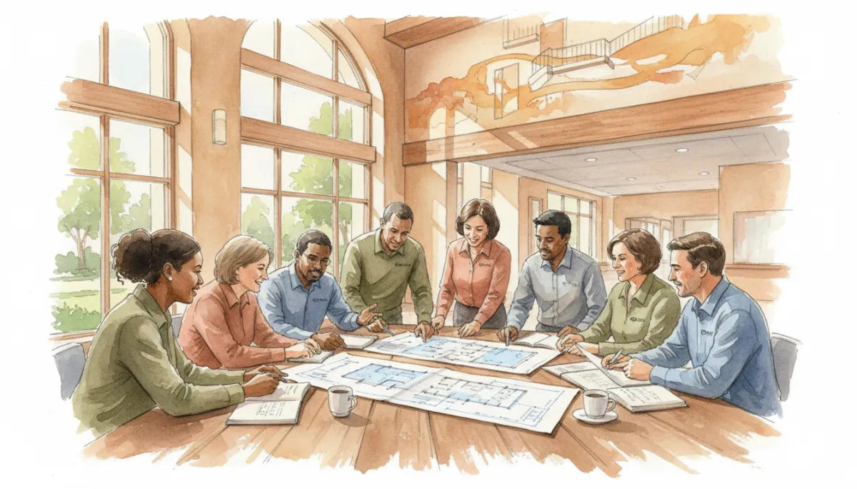 Community leaders and company representatives reviewing building plans together