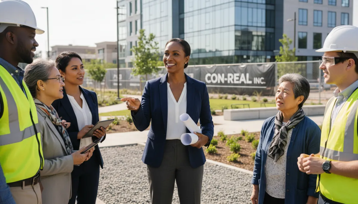 Photorealistic image of a confident Black woman in her mid-40s, dressed in smart business attire, standing at a construction site with visible modern buildings and community spaces in the background. She is engaging warmly with a diverse group of community members and construction workers, holding blueprints and pointing towards ongoing projects. The atmosphere is collaborative and positive, conveying leadership, trust, and connection between the company (Con-Real Inc.) and the local community. The setting is bright and professional, suitable for a corporate blog feature.