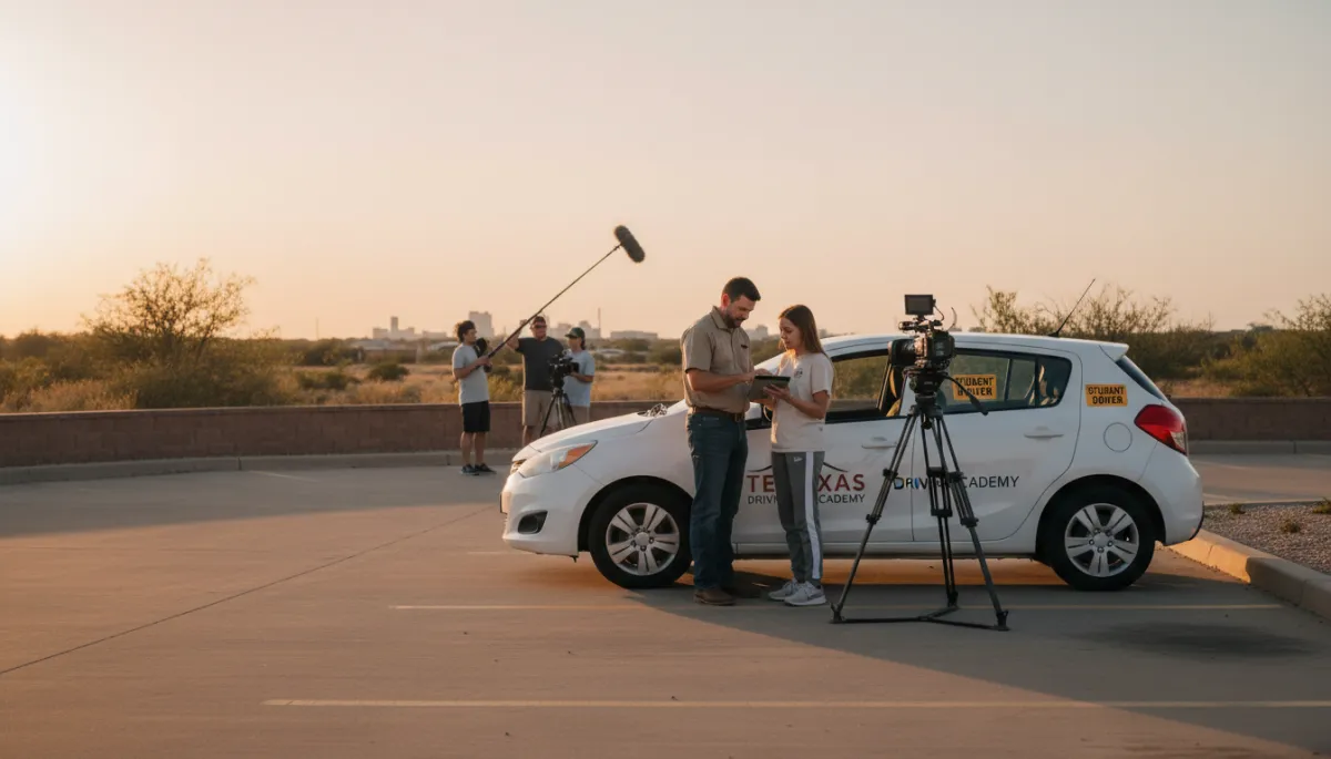 Driving school instructor, student, and camera setup outside a training car