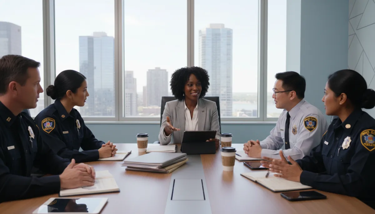 Create a photorealistic, high-quality image depicting a confident Black female community leader, representing Alisa Simmons, seated at a modern conference table. She is engaged in a collaborative discussion with a diverse group of public safety leaders—such as police, fire, and emergency communications officials—surrounded by documents and digital devices. The setting is a bright, professional meeting room with large windows and cityscape views in the background. The atmosphere conveys teamwork, leadership, and a commitment to shaping positive change in the community. Ensure the Black female commissioner is the clear focal point, exuding approachability and authority.