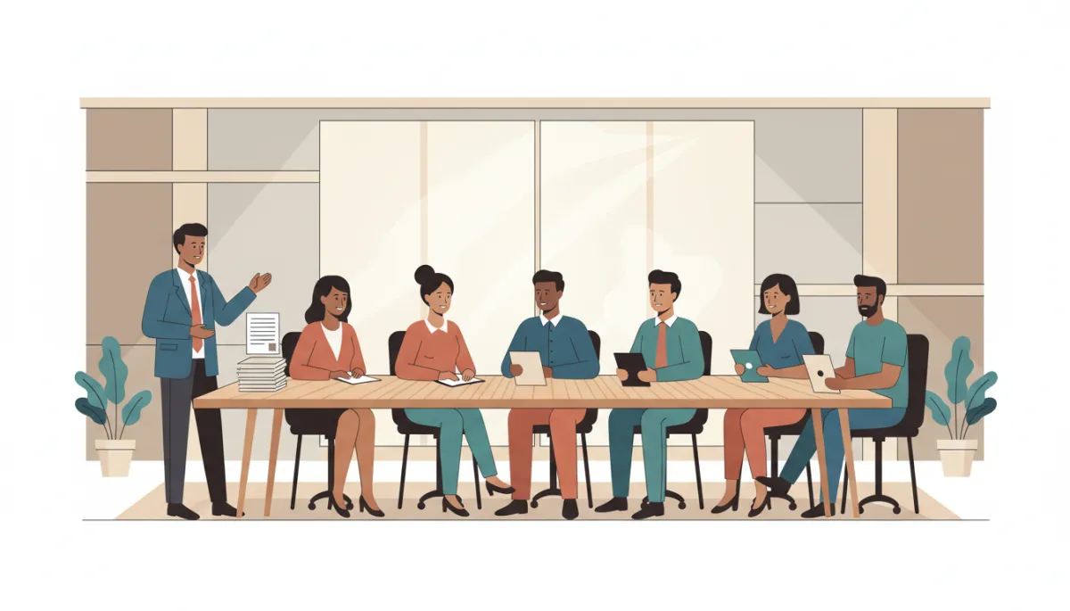 Attorney collaborating with nonprofit board members in a professional meeting setting