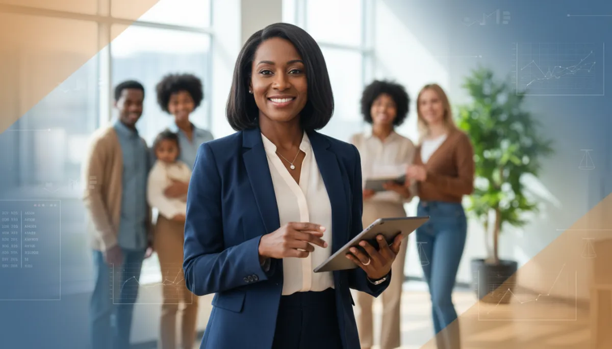 add black female image. Context: This is for a blog post about "Elena Fernandez: Legal Expertise in Delinquent Property Tax Collection with a Community-First Focus". Style: Professional quality, photorealistic, high resolution