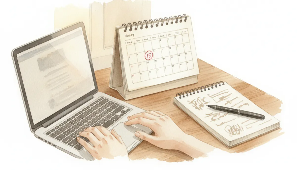 A single focused day marked on a calendar beside a working laptop