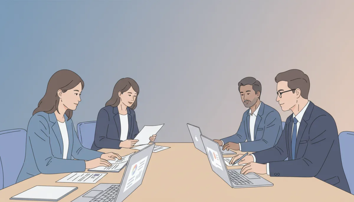 Group of physician assistants discussing state policy documents in a conference room