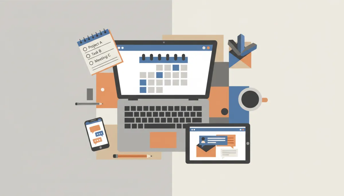 Cluttered digital workspace contrasted with a small list of clear priorities