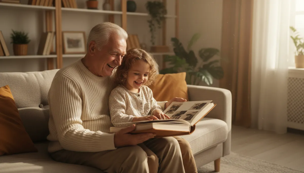 Grandparent and child sharing a milestone moment on a cozy sofa Grandparent and child sharing a milestone moment on a cozy sofa