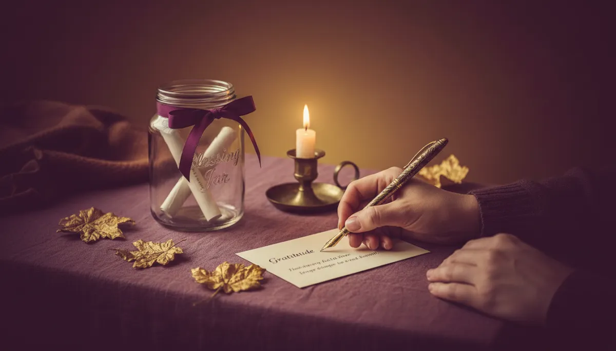Writing a gratitude blessing by candlelight in autumn Writing a gratitude blessing by candlelight in autumn