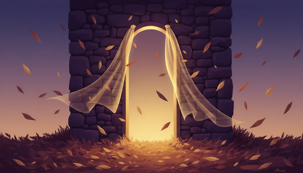 Autumn leaves and a glowing doorway symbolizing endings and rebirth Autumn leaves and a glowing doorway symbolizing endings and rebirth