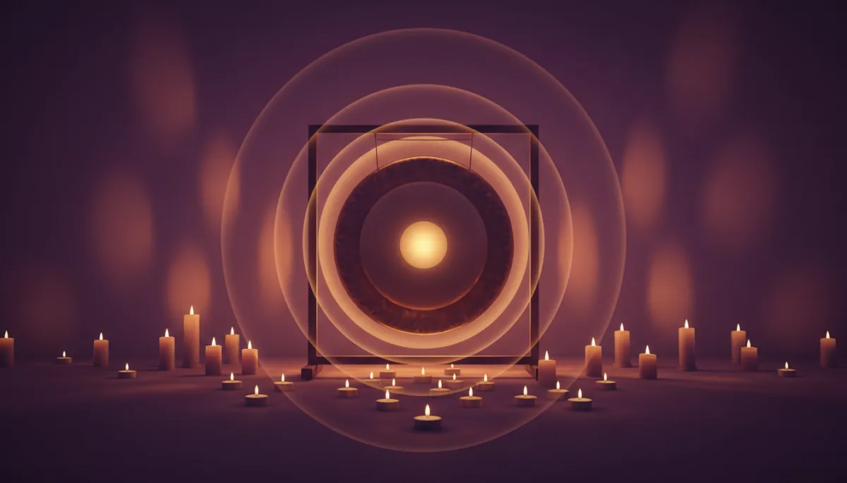 Bronze gong glowing in candlelit sanctuary with sound waves