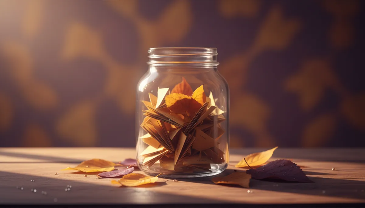 Glass jar with paper slips on a table, autumn leaves, candle glow