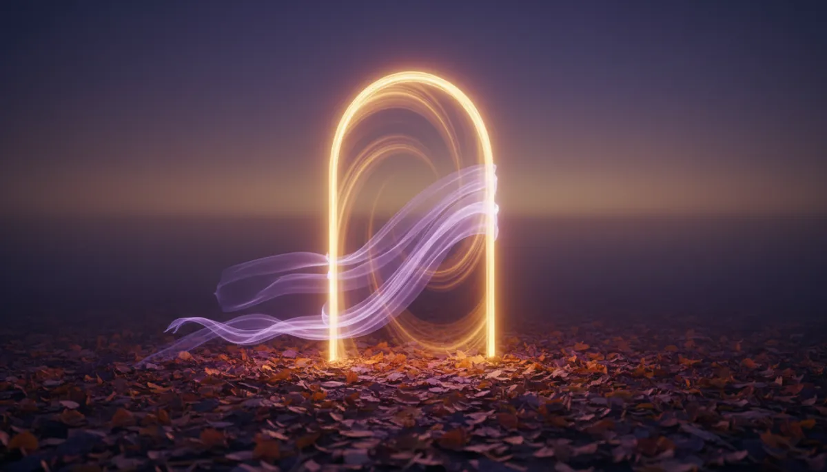 Ethereal scene with glowing doorway among autumn leaves at dusk