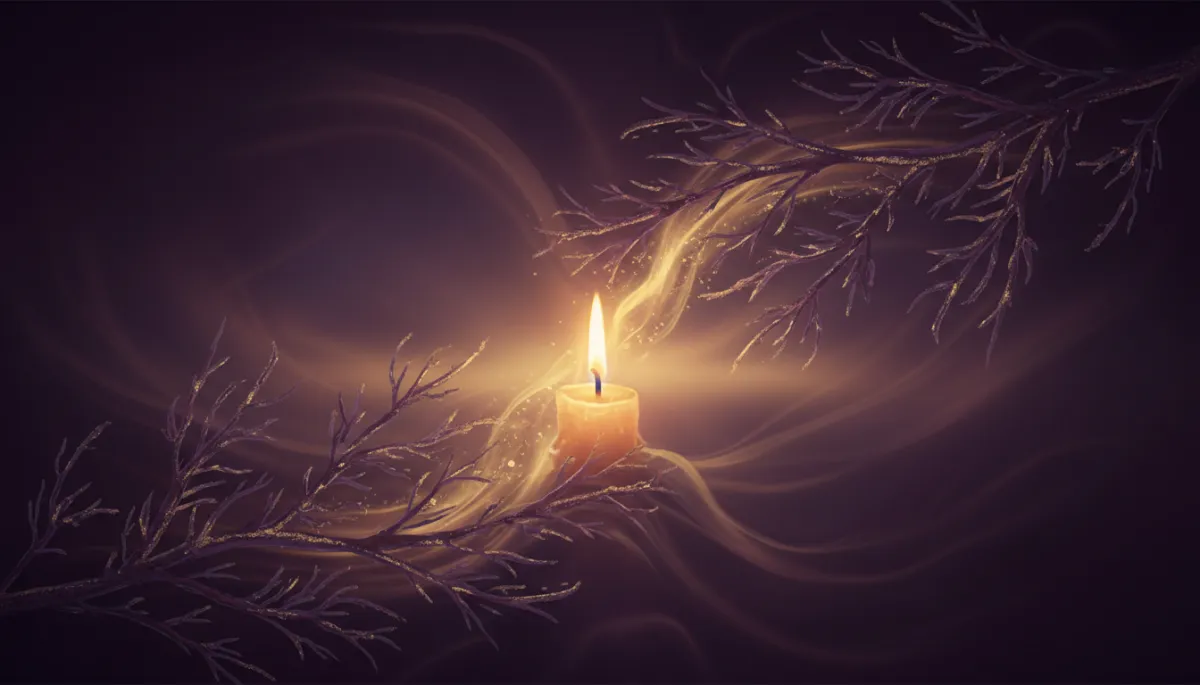 editorial mystical ethereal scene in deep plum and gold, a single warm candle flame glowing in soft darkness, bare winter branches and a faint dawn light beginning to emerge, hopeful elegant calm, no text no logos no faces editorial mystical ethereal scene in deep plum and gold, a single warm candle flame glowing in soft darkness, bare winter branches and a faint dawn light beginning to emerge, hopeful elegant calm, no text no logos no faces