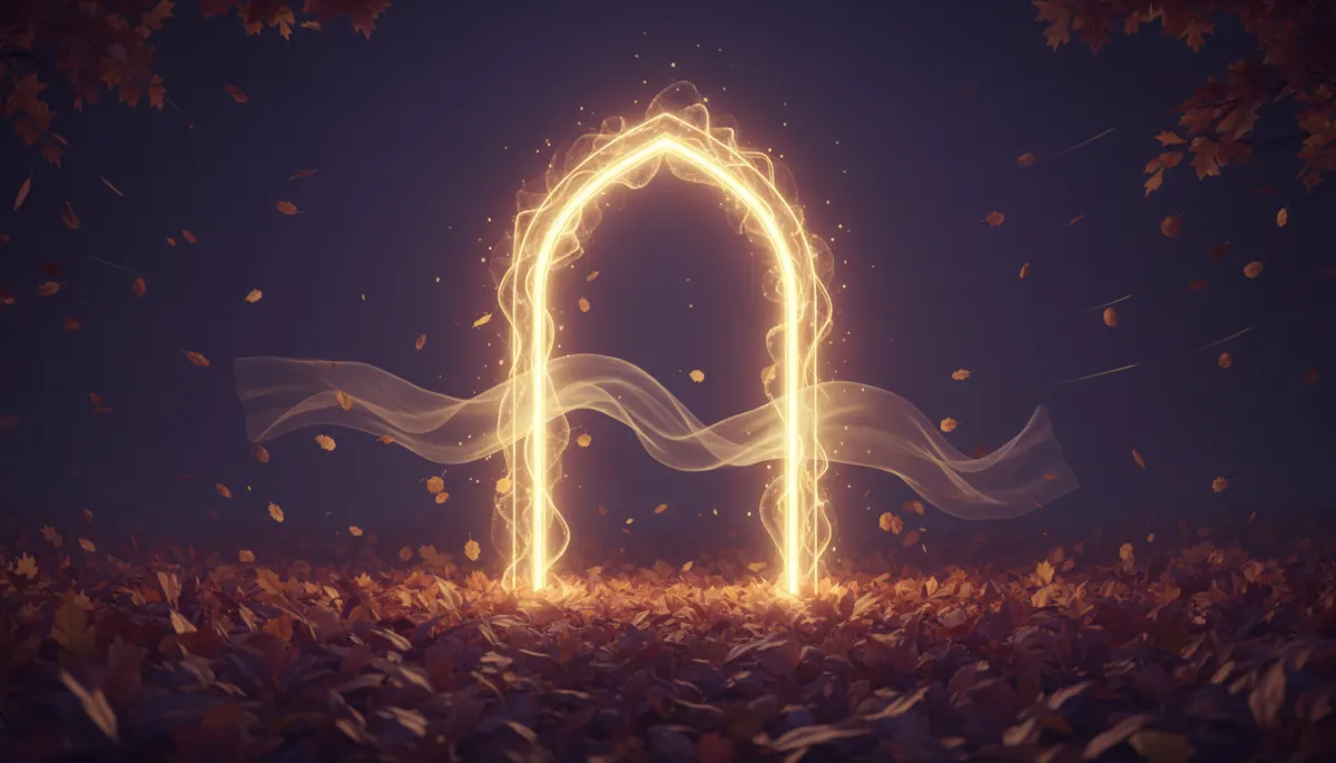 Editorial, mystical, ethereal scene in deep plum and gold, a softly glowing doorway or archway of golden light standing among autumn leaves and a thin luminous veil at dusk, calm and comforting, elegant, no faces Editorial, mystical, ethereal scene in deep plum and gold, a softly glowing doorway or archway of golden light standing among autumn leaves and a thin luminous veil at dusk, calm and comforting, elegant, no faces