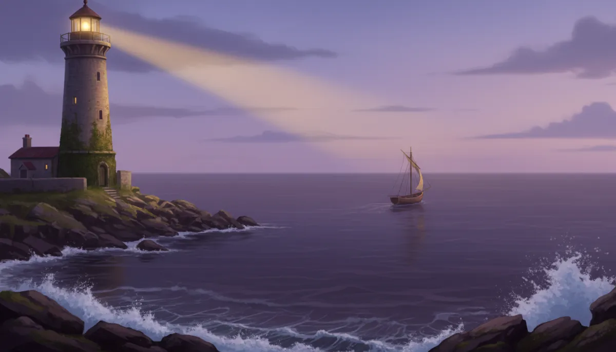 Editorial, mystical, ethereal scene of a gentle lighthouse on a rocky shoreline at dusk, casting a warm golden beam across calm deep plum water, a small boat following the light toward the horizon under a soft lavender sky, elegant and serene, no text or logos