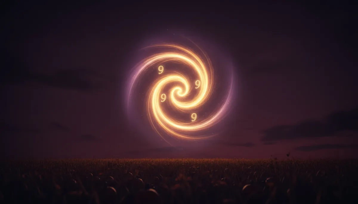 editorial, mystical, ethereal scene of a luminous spiral doorway of golden light opening in a deep plum evening sky, three subtle glowing number nines suggested within the light, soft lavender glow around the portal, hints of an autumn harvest field below in shadow, deep plum and gold color palette, calm and elegant, aspect ratio 16:9