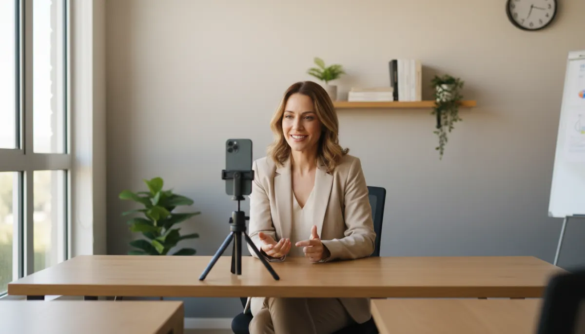Consultant recording a simple authentic social media video in an office