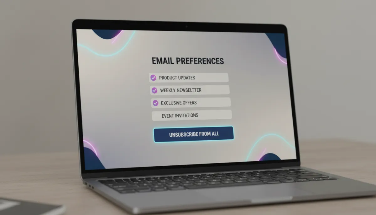 Email preference center with opt-in and unsubscribe options on a laptop screen Email preference center with opt-in and unsubscribe options on a laptop screen