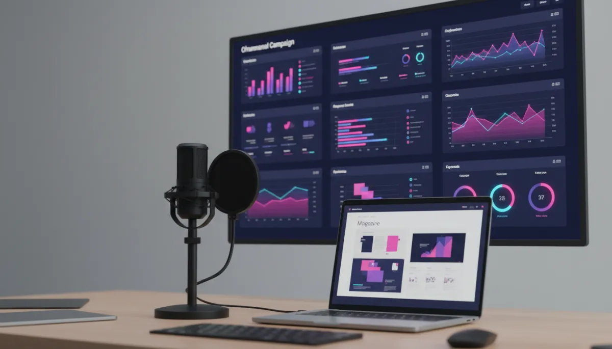 Podcast studio desk with digital magazine layout and omnichannel analytics dashboard Podcast studio desk with digital magazine layout and omnichannel analytics dashboard