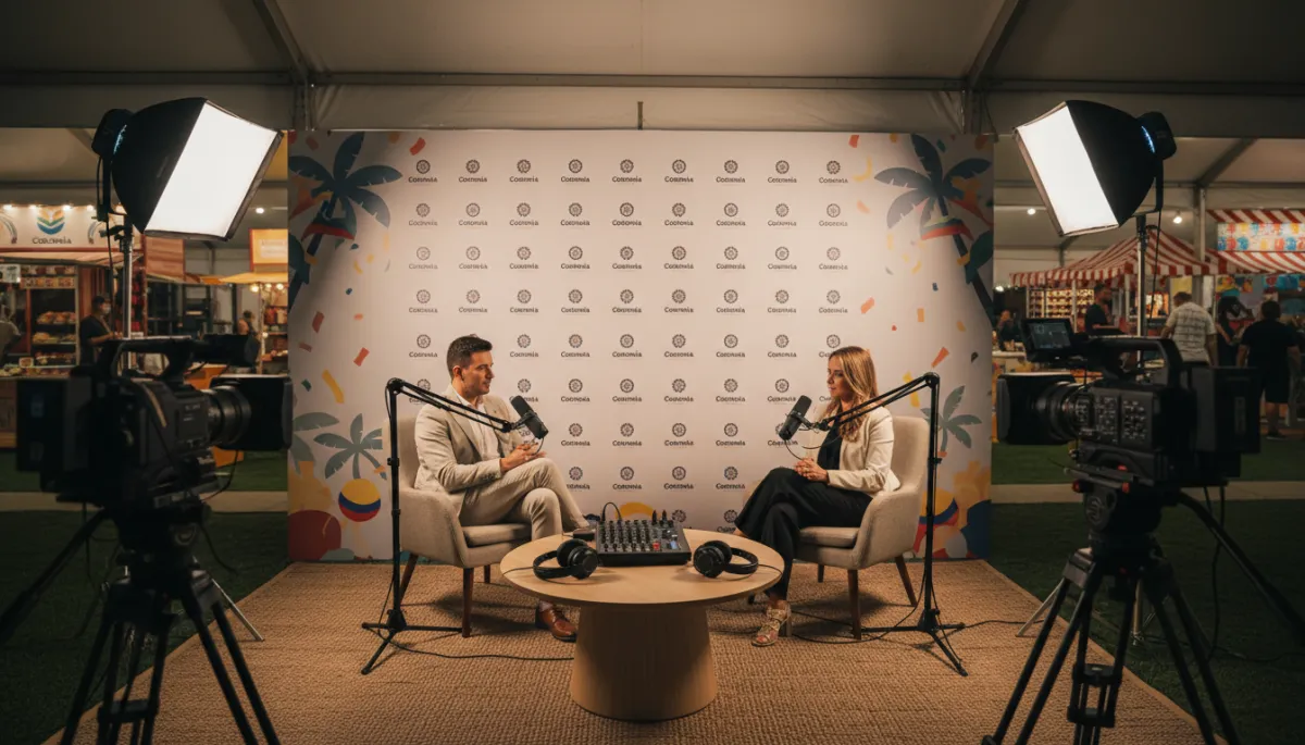 Professional media lounge capturing interviews during a Copa Colombia style summer carnival