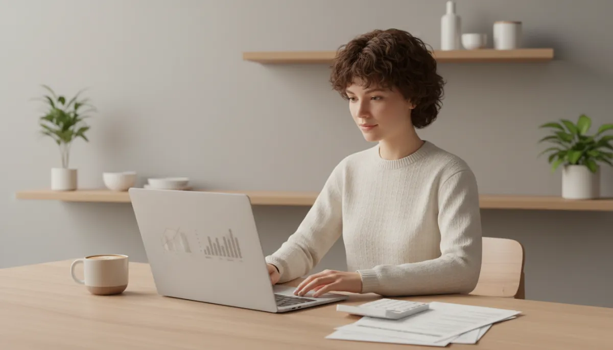 professional neutral-toned photo of a homeowner using a laptop and calculator at a kitchen table, reviewing home loan statements with a cup of coffee nearby