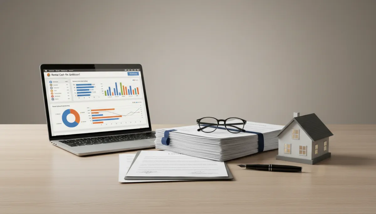 Closing table with DSCR loan documents and rental cash-flow dashboard