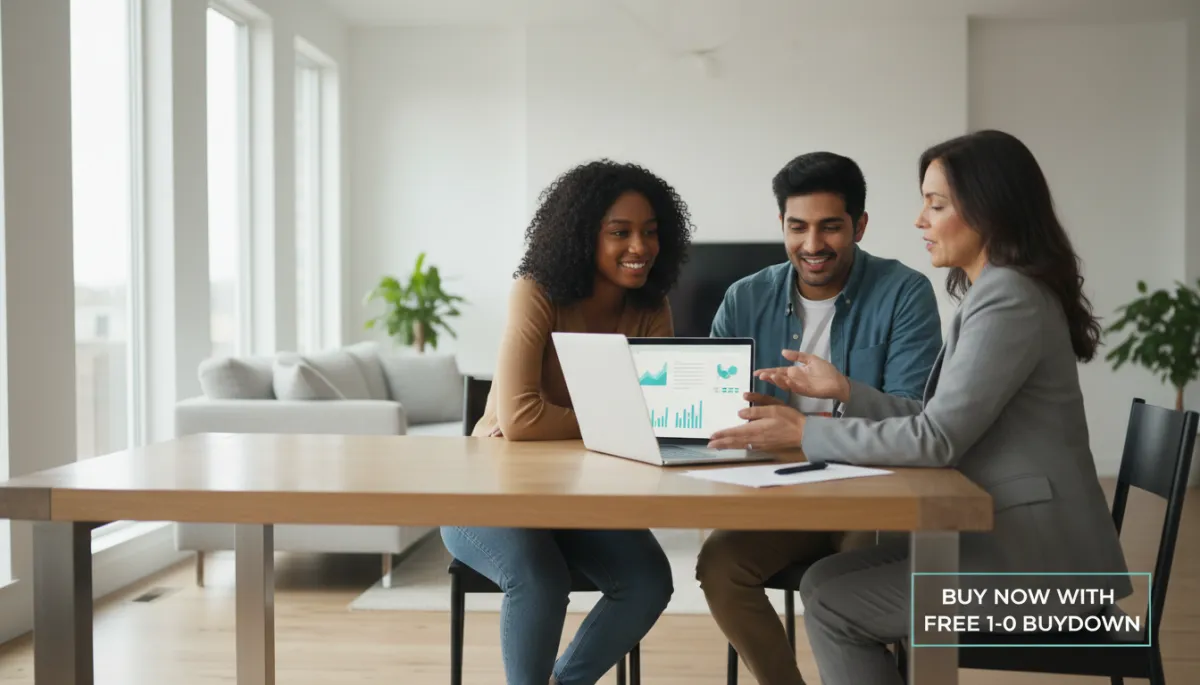 A photorealistic, high-quality image of a diverse young couple and a professional mortgage advisor seated together at a sleek, modern kitchen table in a bright, airy home. Natural light pours in through large windows, illuminating the neutral-toned, minimalist decor. The trio is focused on a laptop displaying subtle, easy-to-read financial charts and loan documents, symbolizing the analysis of mortgage options. The couple appears engaged and optimistic, while the advisor gestures helpfully, creating an authentic and candid atmosphere. The overall scene conveys trust, clarity, and the intelligent decision to buy now with a free 1-0 buydown, maintaining a clean, organized, and professional look suitable for a financial blog.