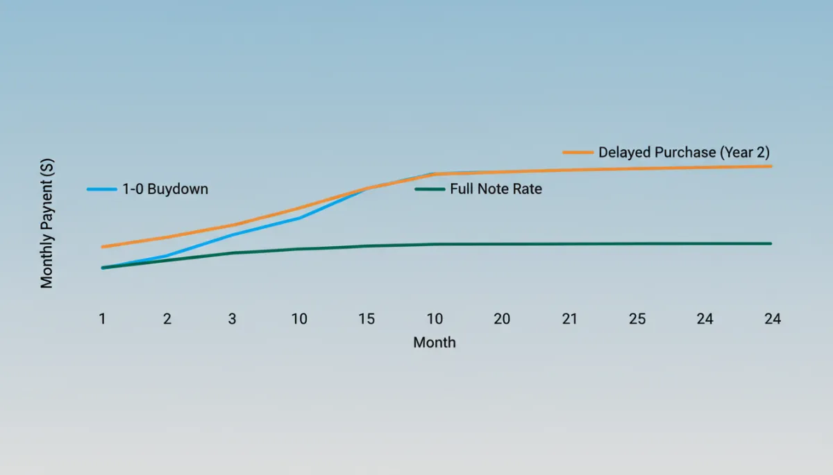 A clean, modern line chart comparing monthly payments for a $400,000 home loan: one line representing the first-year payment with a 1-0 buydown (lower for 12 months, then rises), another line for the full note rate (steady throughout), and a third line illustrating the scenario of waiting a year to buy (higher price, slightly higher payment). The chart should use simple colors, clear labels, and minimal text for maximum clarity.